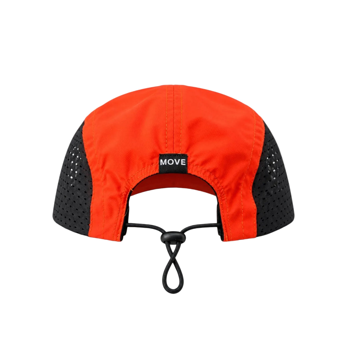 A bright orange and black athletic cap shown from the back, featuring a black mesh side panel, a black adjustable chin strap, and a small black label with the white text 'MOVE'.