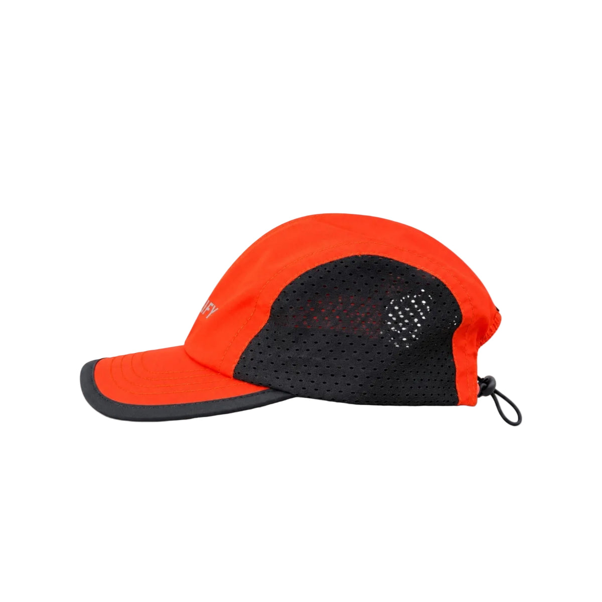 A two-tone running cap with a bright orange crown and brim, and a black perforated mesh back panel, shown on a plain white background.