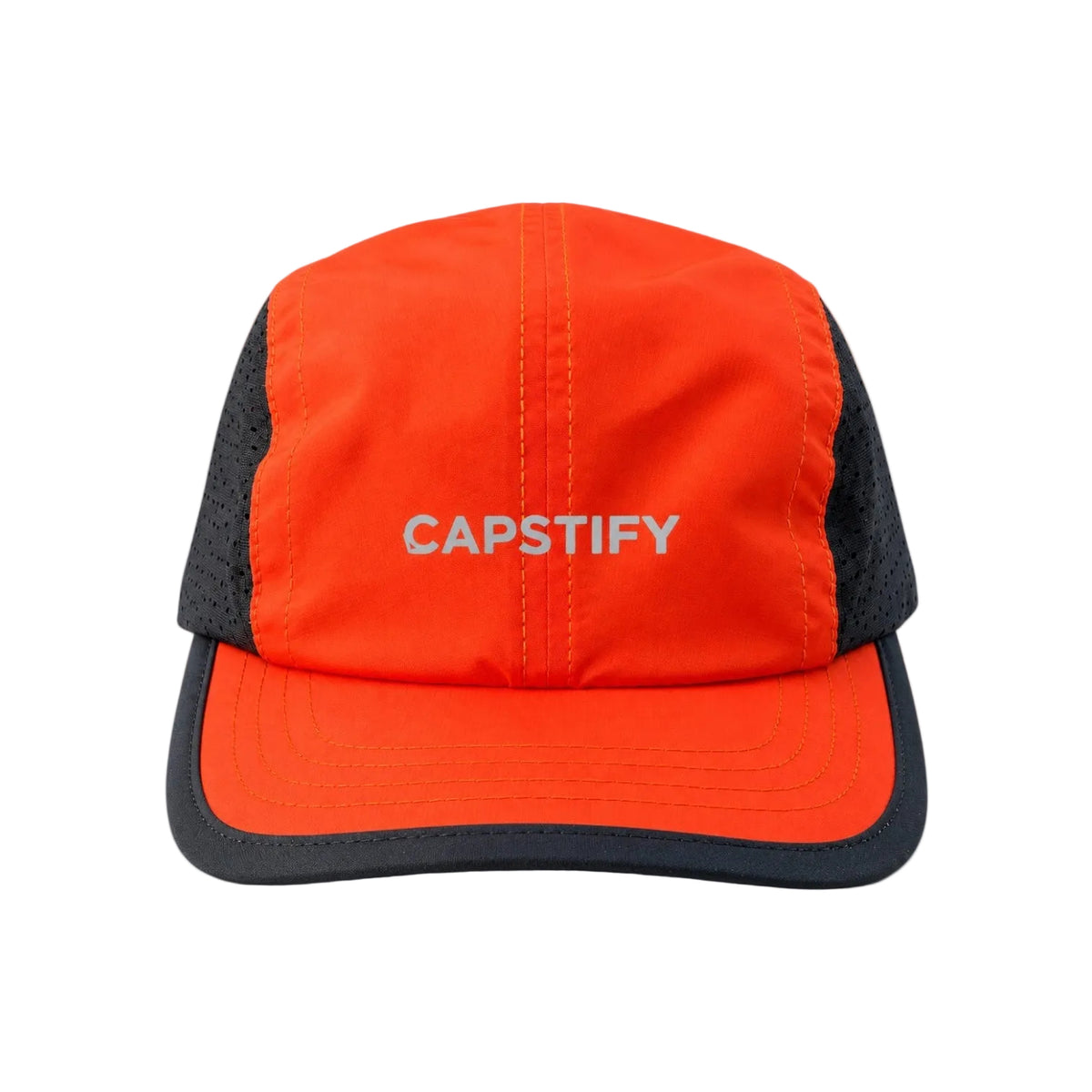A four-panel cap with a bright orange front and brim, dark gray mesh side panels, and the word 'CAPSTIFY' embroidered in light gray on the front, shown against a plain white background.