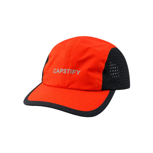 A bright orange and black 4-panel cap with the brand name 'CAPSTIFY' embroidered on the front, shown on a clean white background.