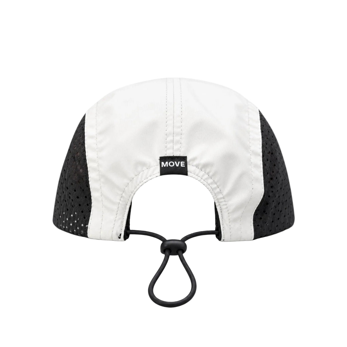 A white and black performance cap shown from the back, featuring a white crown, black mesh side panels, and a black adjustable chin strap with a loop.