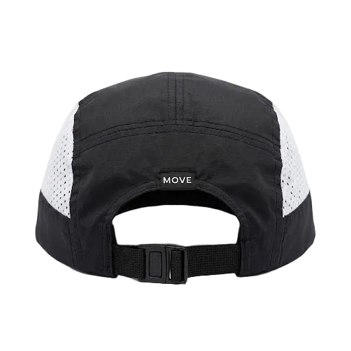 Rear view of a black and white performance cap with a black adjustable strap and a small black label reading MOVE.