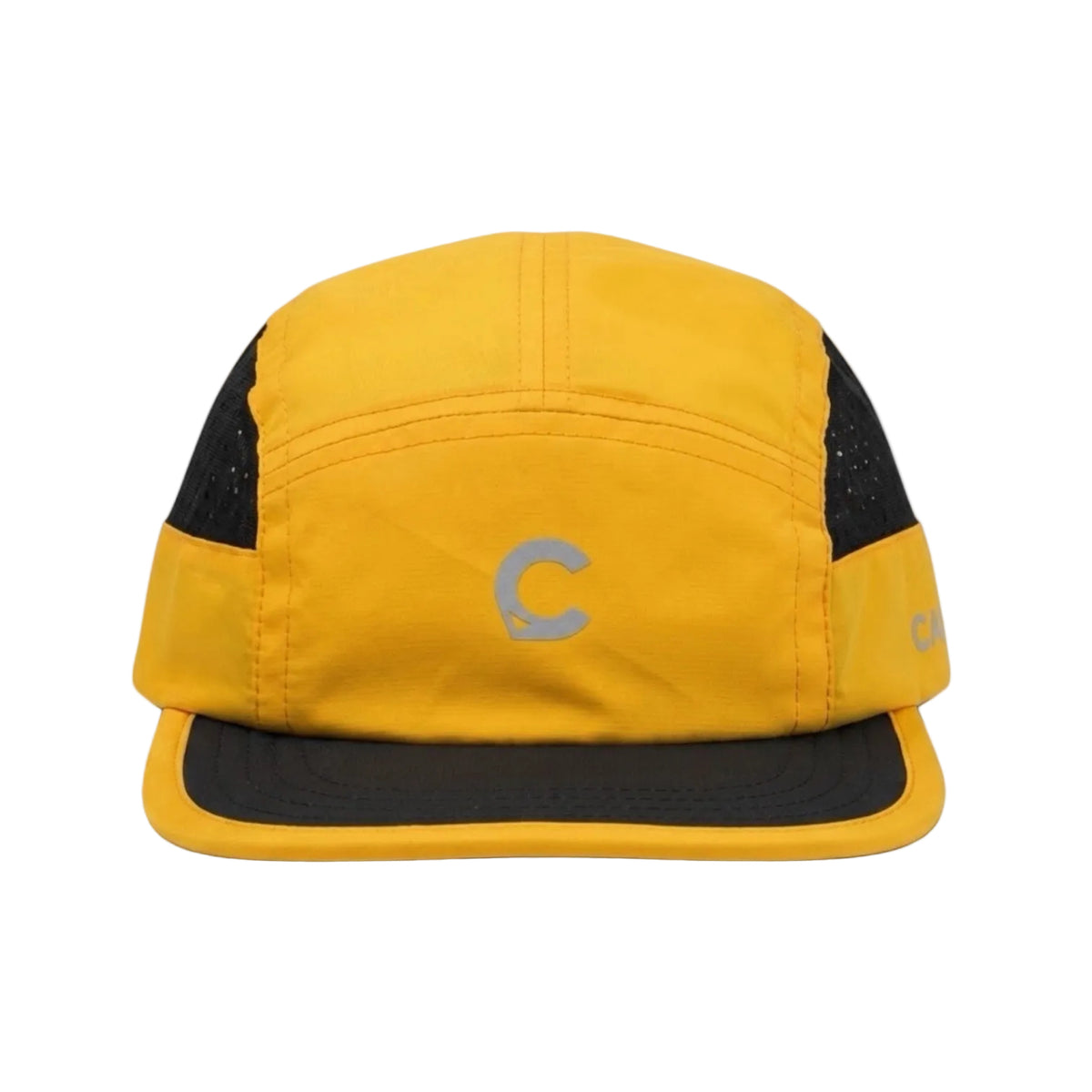 A yellow and black 5-panel cap with a gray embroidered 'C' logo on the front, shown against a plain white background.