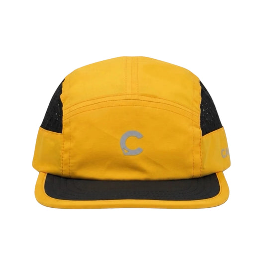 A yellow and black 5-panel cap with a gray embroidered 'C' logo on the front, shown against a plain white background.