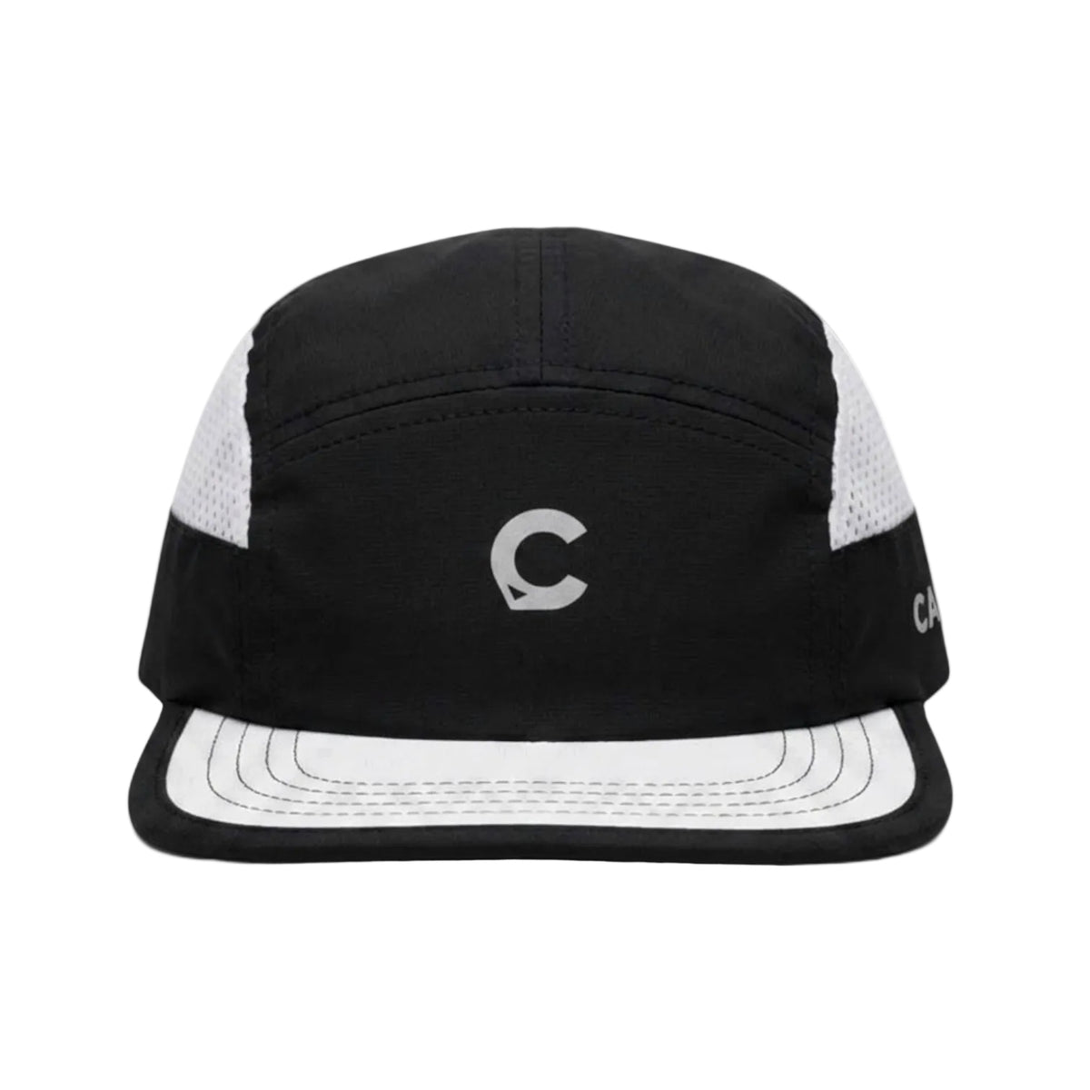 A black 5-panel camp cap with white mesh side panels and a white curved brim, featuring a gray embroidered logo on the front.