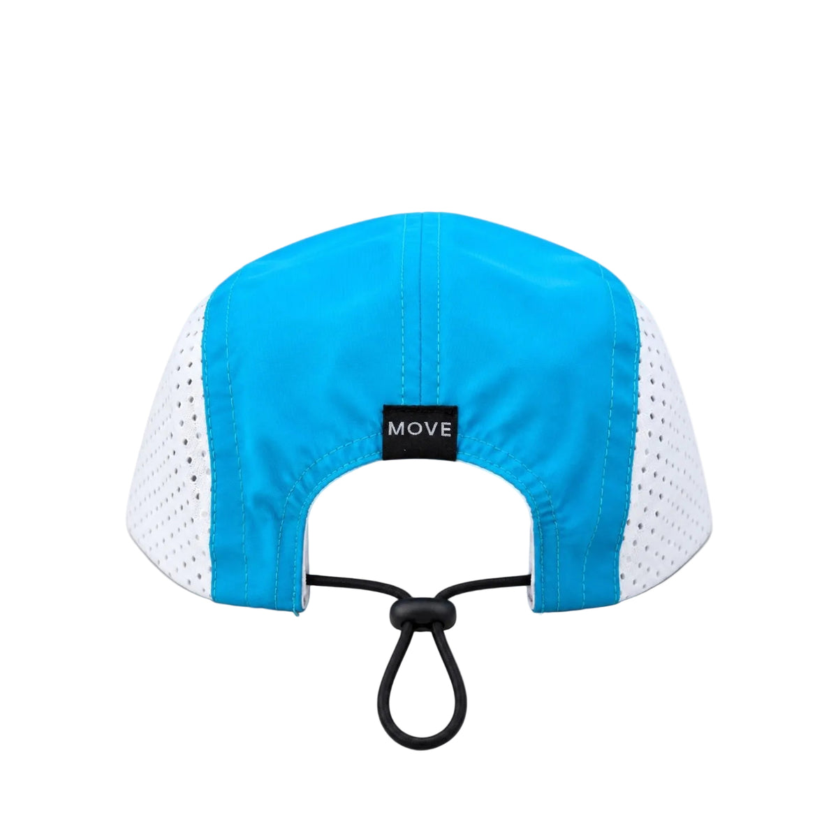A blue and white performance cap shown from the back, featuring a bright blue crown, white perforated side panels, a black adjustable chin cord, and a small black brand patch reading 'MOVE'.