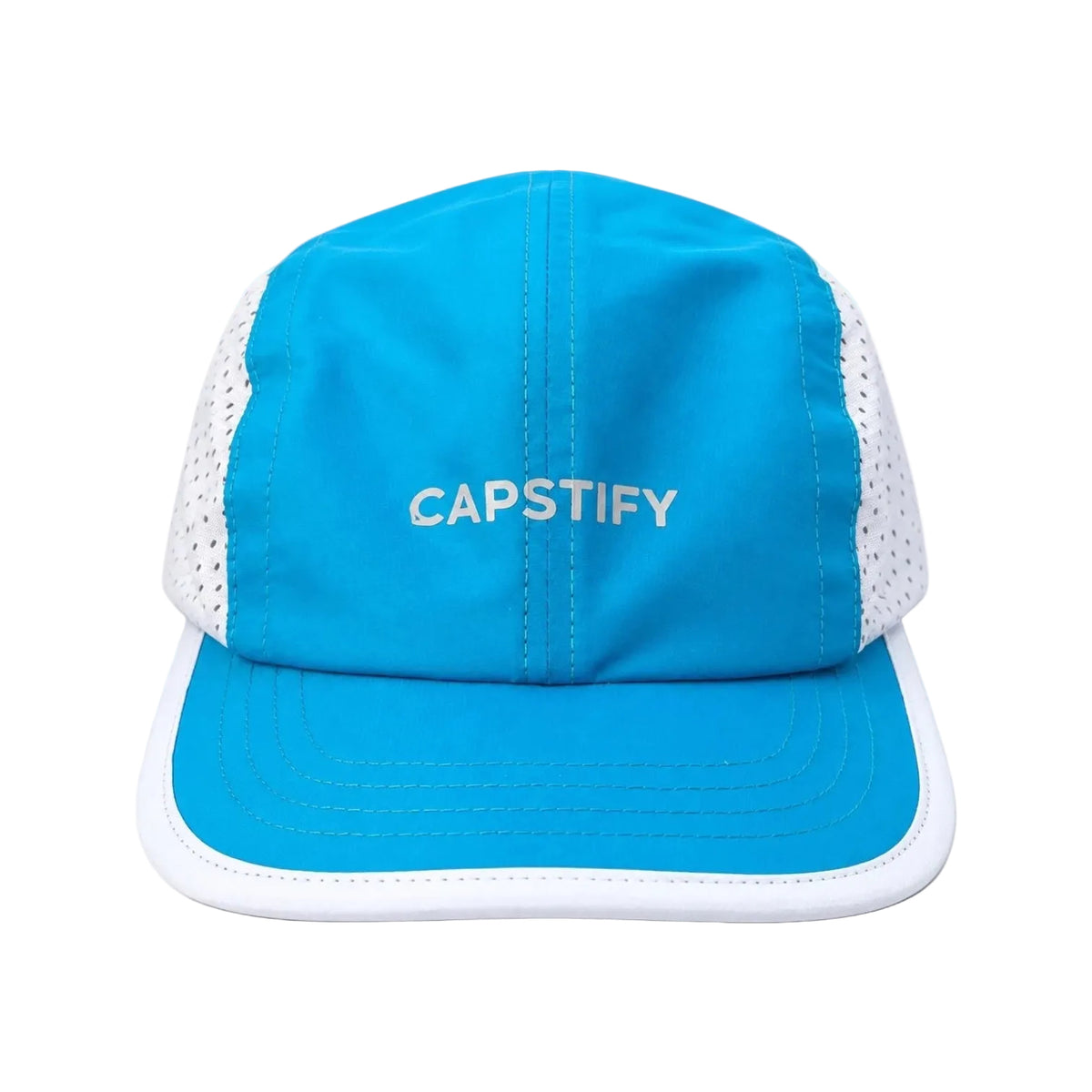 A bright blue and white 5-panel cap with 'CAPSTIFY' embroidered in white on the front panel, shown against a plain white background.