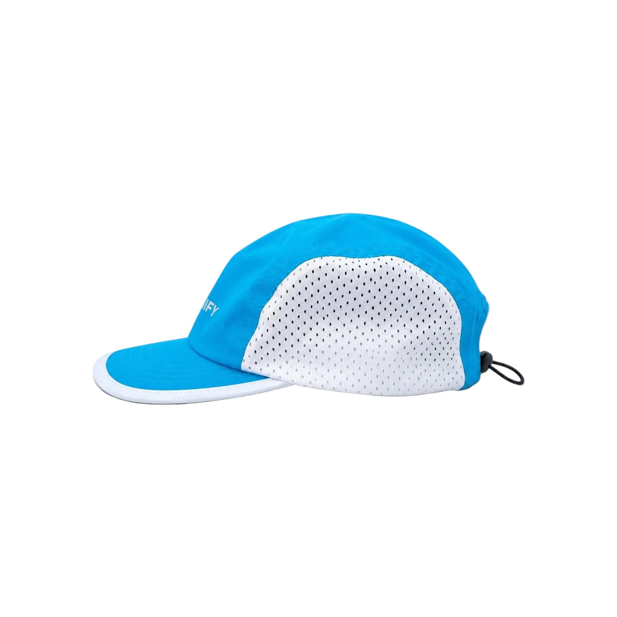 A blue and white 5-panel running cap with a white mesh back panel, shown from a side profile on a white background.